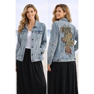 Boom‎ Boom Denim Jacket Women Large Button Up Distressed Sparkle Peacock Biker